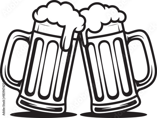 Two beer mugs clinking with frothy foam a celebratory toast illustration for pubs bars and events isolated on white
