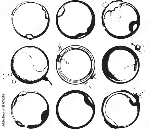 Set of nine coffee cup stain rings grunge ink splatter circles for design elements isolated on white background