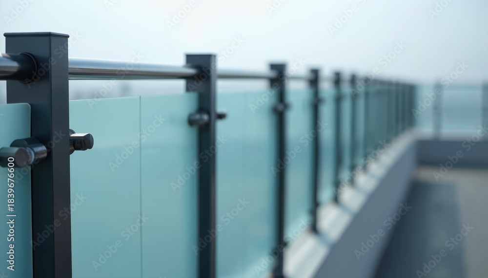 Fototapeta premium Close view of modern frosted glass balcony railing with metal posts. Contemporary design feature glass panels, stainless steel hardware. Minimalist architecture with blurred background shows terrace