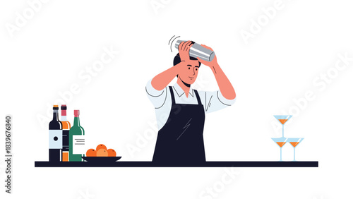 Flat vector of a bartender shaking a cocktail mixer behind the bar, ideal for mixology branding, nightlife promotions, and premium drink illustrations