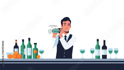 Flat vector of a bartender shaking a cocktail mixer behind the bar, ideal for mixology branding, nightlife promotions, and premium drink illustrations