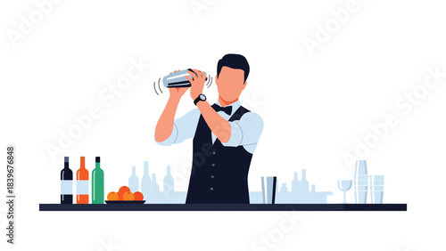Flat vector of a bartender shaking a cocktail mixer behind the bar, ideal for mixology branding, nightlife promotions, and premium drink illustrations