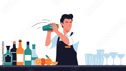 Flat vector of a bartender shaking a cocktail mixer behind the bar, ideal for mixology branding, nightlife promotions, and premium drink illustrations
