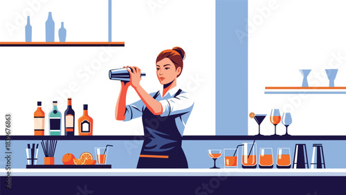 Flat vector of a bartender shaking a cocktail mixer behind the bar, ideal for mixology branding, nightlife promotions, and premium drink illustrations