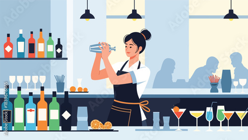 Flat vector of a bartender shaking a cocktail mixer behind the bar, ideal for mixology branding, nightlife promotions, and premium drink illustrations