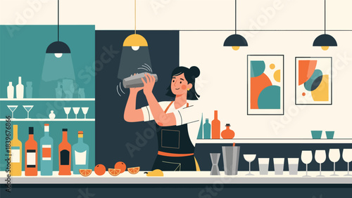 Flat vector of a bartender shaking a cocktail mixer behind the bar, ideal for mixology branding, nightlife promotions, and premium drink illustrations