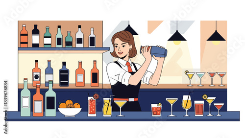 Flat vector of a bartender shaking a cocktail mixer behind the bar, ideal for mixology branding, nightlife promotions, and premium drink illustrations