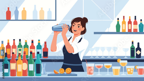 Flat vector of a bartender shaking a cocktail mixer behind the bar, ideal for mixology branding, nightlife promotions, and premium drink illustrations