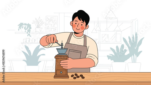 Flat modern vector barista grinding coffee beans with manual grinder in a clean contemporary layout. Ideal for café branding, tutorials, packaging, and specialty coffee content