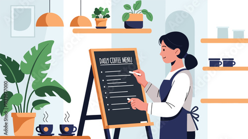 Flat modern vector of a barista handwriting the daily coffee menu on a chalkboard, ideal for café branding, signage concepts, and coffee shop marketing.