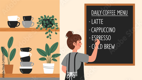 Flat modern vector of a barista handwriting the daily coffee menu on a chalkboard, ideal for café branding, signage concepts, and coffee shop marketing.