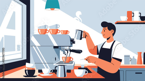 Flat modern vector of a barista steaming milk with an espresso machine, ideal for brewing tutorials, latte art guides, and specialty café visuals