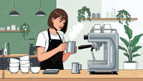 Flat modern vector of a barista steaming milk with an espresso machine, ideal for brewing tutorials, latte art guides, and specialty café visuals