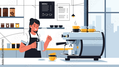 Flat modern vector of a barista steaming milk with an espresso machine, ideal for brewing tutorials, latte art guides, and specialty café visuals