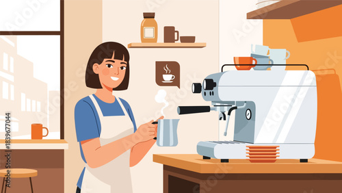 Flat modern vector of a barista steaming milk with an espresso machine, ideal for brewing tutorials, latte art guides, and specialty café visuals