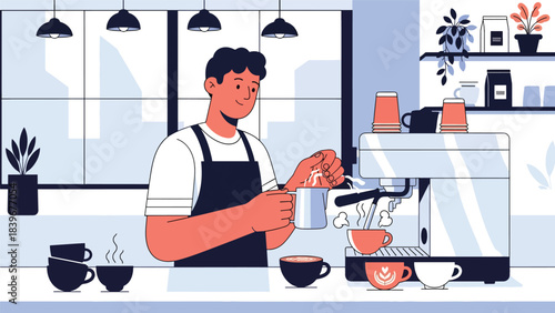 Flat modern vector of a barista steaming milk with an espresso machine, ideal for brewing tutorials, latte art guides, and specialty café visuals