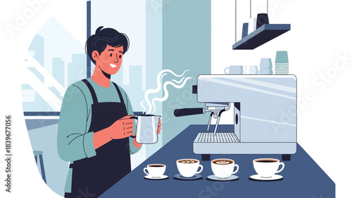 Flat modern vector of a barista steaming milk with an espresso machine, ideal for brewing tutorials, latte art guides, and specialty café visuals