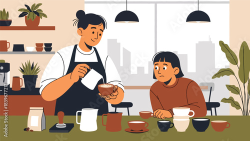 Flat vector of a barista teaching latte art to a student, ideal for workshop promotions, coffee academy materials, and café training visuals