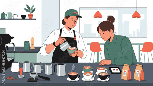 Flat vector of a barista teaching latte art to a student, ideal for workshop promotions, coffee academy materials, and café training visuals