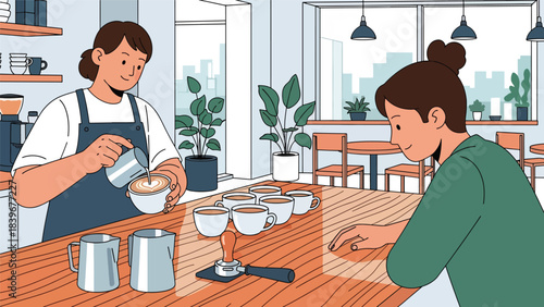 Flat vector of a barista teaching latte art to a student, ideal for workshop promotions, coffee academy materials, and café training visuals