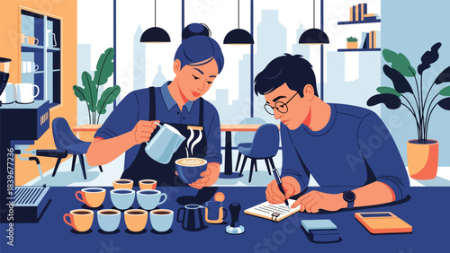 Flat vector of a barista teaching latte art to a student, ideal for workshop promotions, coffee academy materials, and café training visuals