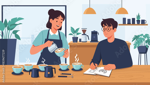 Flat vector of a barista teaching latte art to a student, ideal for workshop promotions, coffee academy materials, and café training visuals