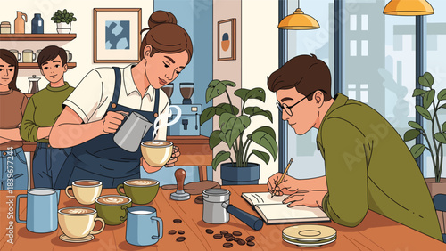 Flat vector of a barista teaching latte art to a student, ideal for workshop promotions, coffee academy materials, and café training visuals