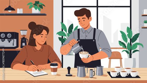 Flat vector of a barista teaching latte art to a student, ideal for workshop promotions, coffee academy materials, and café training visuals