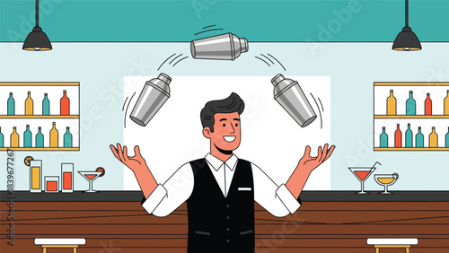 Flat modern vector of a bartender juggling cocktail shakers, ideal for bar shows, mixology entertainment, and nightlife branding