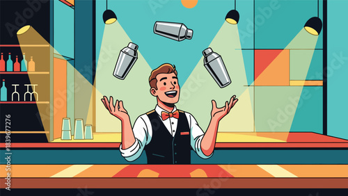 Flat modern vector of a bartender juggling cocktail shakers, ideal for bar shows, mixology entertainment, and nightlife branding