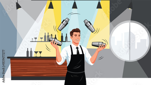 Flat modern vector of a bartender juggling cocktail shakers, ideal for bar shows, mixology entertainment, and nightlife branding