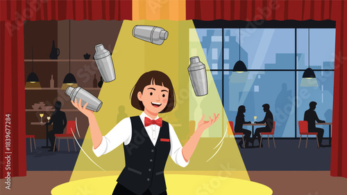 Flat modern vector of a bartender juggling cocktail shakers, ideal for bar shows, mixology entertainment, and nightlife branding
