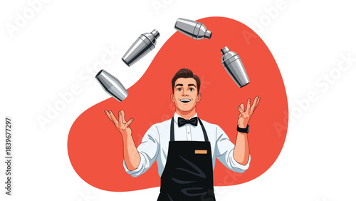 Flat modern vector of a bartender juggling cocktail shakers, ideal for bar shows, mixology entertainment, and nightlife branding