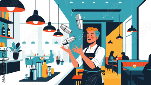 Flat modern vector of a bartender juggling cocktail shakers, ideal for bar shows, mixology entertainment, and nightlife branding