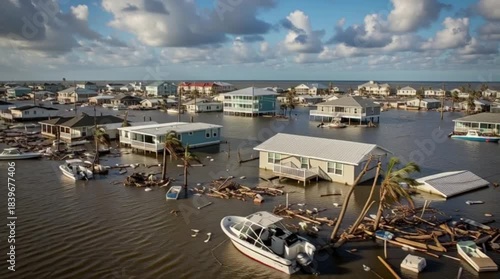 An apocalyptic aerial view of a major city half-submerged in floodwater, with skyscrapers rising from the water, a symbol of climate change.