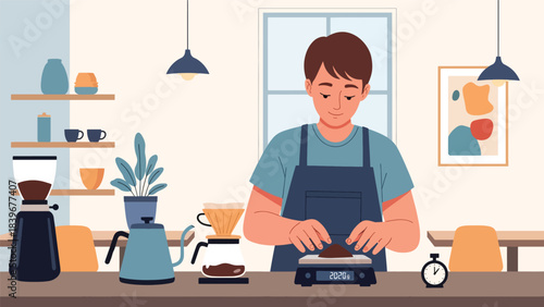 Flat modern vector of a barista weighing coffee grounds on a digital scale, ideal for brewing tutorials, café guides, and specialty coffee education