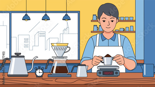 Flat modern vector of a barista weighing coffee grounds on a digital scale, ideal for brewing tutorials, café guides, and specialty coffee education