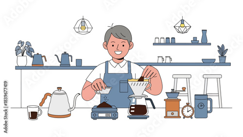 Flat modern vector of a barista weighing coffee grounds on a digital scale, ideal for brewing tutorials, café guides, and specialty coffee education