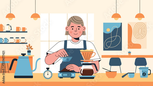 Flat modern vector of a barista weighing coffee grounds on a digital scale, ideal for brewing tutorials, café guides, and specialty coffee education