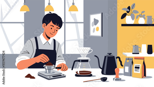 Flat modern vector of a barista weighing coffee grounds on a digital scale, ideal for brewing tutorials, café guides, and specialty coffee education