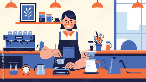 Flat modern vector of a barista weighing coffee grounds on a digital scale, ideal for brewing tutorials, café guides, and specialty coffee education