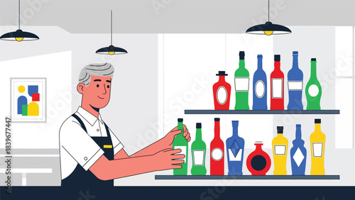 Flat modern vector of a bartender arranging colorful cocktail bottles, ideal for bar setup, mixology content, and beverage branding