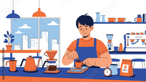 Flat modern vector of a barista weighing coffee grounds on a digital scale, ideal for brewing tutorials, café guides, and specialty coffee education