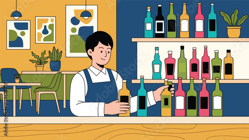 Flat modern vector of a bartender arranging colorful cocktail bottles, ideal for bar setup, mixology content, and beverage branding