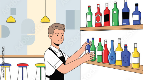 Flat modern vector of a bartender arranging colorful cocktail bottles, ideal for bar setup, mixology content, and beverage branding