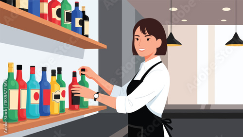 Flat modern vector of a bartender arranging colorful cocktail bottles, ideal for bar setup, mixology content, and beverage branding