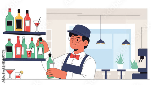 Flat modern vector of a bartender arranging colorful cocktail bottles, ideal for bar setup, mixology content, and beverage branding