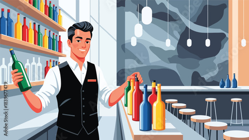 Flat modern vector of a bartender arranging colorful cocktail bottles, ideal for bar setup, mixology content, and beverage branding