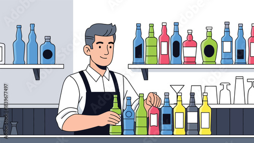 Flat modern vector of a bartender arranging colorful cocktail bottles, ideal for bar setup, mixology content, and beverage branding