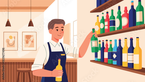 Flat modern vector of a bartender arranging colorful cocktail bottles, ideal for bar setup, mixology content, and beverage branding